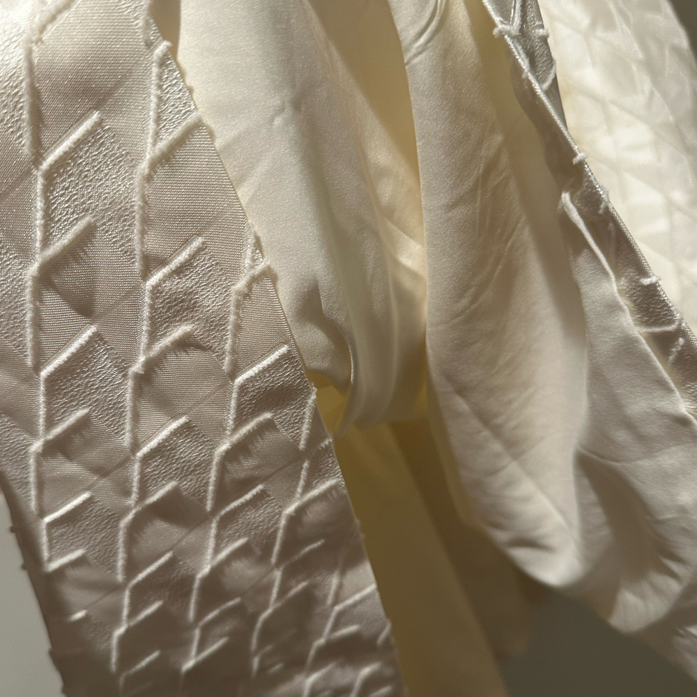 Elegant Reversible Puff Sleeve Bow Dress - Cream Textured Satin - Picture 7 of 7